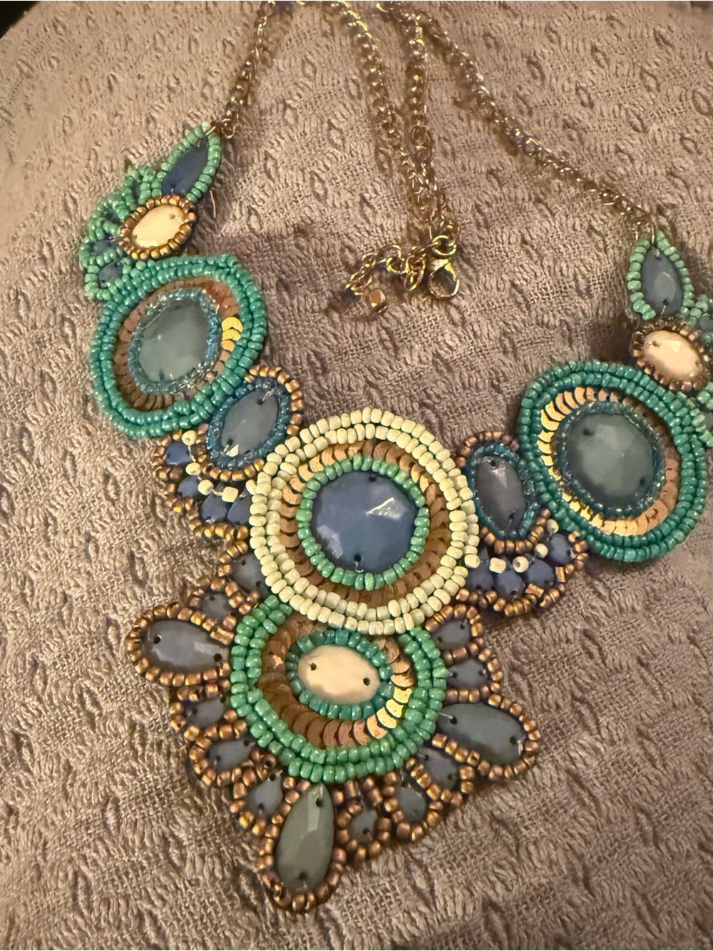 Fabric Backed Beaded Bib Collar Necklace Blue And Aqua Boho Summer‎ Statement